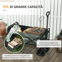 Outsunny Carrello da Giardino da 95L Pieghevole con Pannello Apribile, in Acciaio e Poliestere, 125x48x78-102 cm, Verde(m-4)