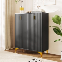Elegant Sideboard with Adjustable Shelves, Gold-Plated Details, Shoe Cabinet with Push-to-Open Design, 83L x 35W x 101H cm, Black