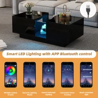 Modern High Gloss Coffee Table with 2 Storage Drawers, Unique Shape Centre Table with Customisable LED Lights, 100L x 50W x 35H cm, Black(m-4)