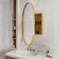 Armadio a specchio ovale da parete, armadietto con specchio e spazio interno per bagno, soggiorno e camera da letto, 85x51,5x12 cm, Oro(m-4)