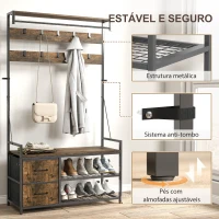 HOMCOM Móvel Cabide de Entrada com Banco 10 Ganchos 2 Gavetas e Barra para Pendurar Estilo Industrial 100x40x180 cm Castanho Rústico(m-7)