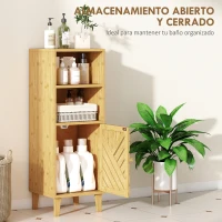 HOMCOM Armario de Baño Estrecho Mueble Auxiliar de Baño con 2 Estantes Abiertos Puerta y Patas de Bambú 32x30x90 cm Natural(m-4)