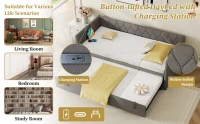 Upholstered Daybed with USB and Type-C Ports, Button-Tufted Pull-out Trundle Bed for Bedroom, Study Room, 206L x 193W x 71H cm, Grey(m-6)