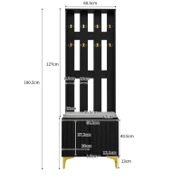 Modern Wardrobe Set with Shoe Bench and Cushion, Gold Hooks, Wavy Texture, Elegant Shoe Cabinet with Drawers and Doors, Black(m-3)