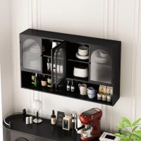 Armadietto a muro con quattro ante in vetro e ripiano, per cucina, soggiorno, bagno, 120x23x70 cm, Nero(m-5)