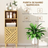 HOMCOM Armario de Baño Estrecho Mueble Auxiliar de Baño con 2 Estantes Abiertos Puerta y Patas de Bambú 32x30x90 cm Natural(m-5)