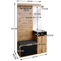 Elegant Hallway Wardrobe Set with Mirror, Shoe Cabinet, Coat Hooks, Bench Seat, Ideal for Entryway, 105L x 40W x 191H cm, Black+Natural(m-3)