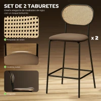HOMCOM Juego de 2 Altos de Cocina con Respaldo de Ratán Asiento de PU Marco de Acero y Reposapiés Marrón(m-4)