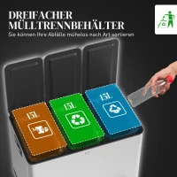 HOMCOM Vuilnisemmer met 3 x 20 L compartimenten, Deodorantdeksels, vingerafdrukbestendig, Soft-Close, uitneembaar, Zilver(m-4)