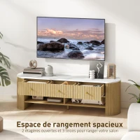 HOMCOM Meuble TV 140 cm, meuble télé pour téléviseur 65 pouces effet marbre 3 tiroirs façades à cannelures effet bois naturel(m-5)