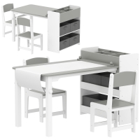 AIYAPLAY Conjunto mesa y 2 sillas infantil de madera con rollo de papel, estantes y cajones, para niña niño 3-8 años, Gris