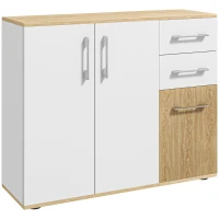 HOMCOM Credenza con 3 porte, 2 cassetti e ripiano regolabile, 90 x 30 x 75,5 cm, Bianco e legno naturale(m-1)