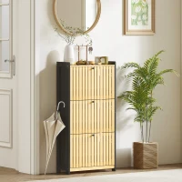 HOMCOM Mueble de Zapatos 18 pares con 3 cajones abatibles, puertas de bambú con lamas, 60x24x118 cm, Negro y madera natural(m-4)