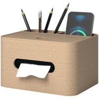 HOMCOM Organizador de oficina almacenamiento multifunción con 2 compartimentos caja de pañuelos de madera natural(m-7)