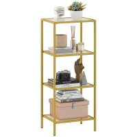HOMCOM Mobiletto Scaffale a 4 Livelli Minimal in Metallo e Vetro Temperato, 40x30x96.5 cm, color Oro(m-11)