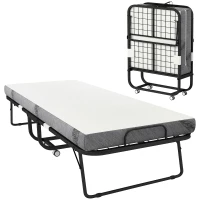 HOMCOM Cama Plegable 200x80 cm con 4 Ruedas, Cama de Camping Portátil, con Colchón Individual de 10 cm, Marco de Acero, Carga 150 kg, para Dormitorio, Salón, Oficina, Blanco(m-11)