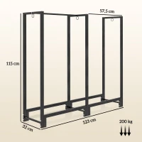 Outsunny Soporte de leña con dos compartimentos, 3 ganchos, base elevada, 123x32x115 cm, acero, negro(m-3)