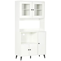 HOMCOM Armario de cocina con 3 armarios, nichos, estantes ajustables, puertas de vidrio, pasa cable, 90x40x180 cm, Blanco(m-1)