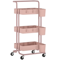 HOMCOM Carrinho de Cozinha Carrinho de Armazenamento com 4 Ganchos 3 Cestas Removíveis 3 Caixas Suspensas 42x38x86,5 cm Rosa