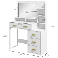 HOMCOM Tocador con espejo y 9 luces LED, 4 cajones y 6 compartimentos abiertos, 100x40x138 cm, Blanco(m-3)