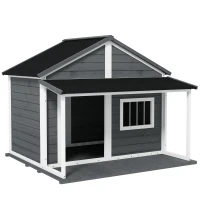 PawHut Hundehütte Outdoor-Hundehütte, incl, Terraza, resistente a la intemperie, 124x112x105 cm, Gris + Blanco(m-1)