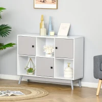 HOMCOM Buffet, meuble de rangement avec 3 portes et 3 compartiments ouverts, pieds en bois de pin, 96x30x75cm, blanc et gris(m-2)