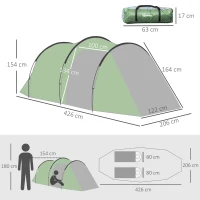 Outsunny Tenda da Campeggio 2-4 Posti con Telo Impermeabile e Porte con Cerniera, 426x206x15 cm, Verde Scuro(m-3)
