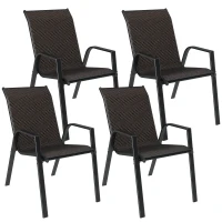 Outsunny Juego de 4 sillas de jardín apilables, silla de exterior con reposabrazos y revestimiento de resina trenzada Marrón(m-6)