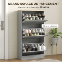 HOMCOM Meuble à chaussures 18 paires, armoire à chaussures avec 3 tiroirs rabattables, étagères réglables, 60x23,5x115cm, gris(m-4)