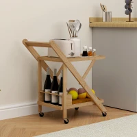 HOMCOM Carrito de cocina de bambú carrito de servicio plegable 2 bandejas 4 ruedas 3 compartimentos para vino 66x40x70 cm madera(m-4)