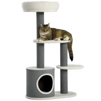 PawHut Rascador con 1 Cueva para Gatos, 1 Cama para Gatos, 2 Plataformas, Poste Rascador de Yute, Blanco + Gris(m-6)