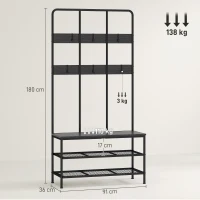 HOMCOM 3-in-1 Garderobenständer, Kleiderhaken, Sitzbank, Schuhregal, Metall, Spanplatte, Schwarz(m-3)