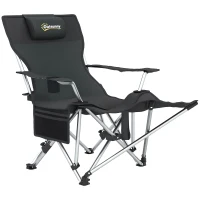 Outsunny Silla de camping plegable sillón de pesca con reposapiés extraíble, apoyacabezas, portavasos, saco de transporte Negro(m-6)