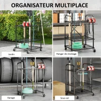 Outsunny Organizador de herramientas de jardín, soporte para herramientas de jardín 40 compartimentos a 2 niveles con ruedas 57x48x70 cm Negro(m-4)