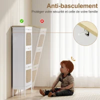 HOMCOM Meuble à chaussures 21 paires bohème avec 3 tiroirs rabattables, portes effet cannage rotin, 80 x 24 x 131 cm, blanc(m-7)