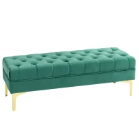 HOMCOM Banco banqueta capitonada para pie de cama estilo clásico 118x45x42 cm base de metal dorado terciopelo Verde(m-7)