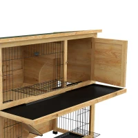 PawHut Conejera de madera 2 niveles con 3 puertas, bandeja deslizante, rampa y techo asfáltico, 120x50x102 cm, Amarillo(m-5)