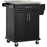 HOMCOM Wooden Kitchen Island on Wheels, Serving Cart Storage Trolley with Stainless Steel Top, Drawer, Side Handle and Rack, Black