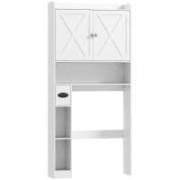 HOMCOM Mueble sobre Inodoro con Armario de Puerta de Granero, Estante Ajustable, Compartimentos y Portarrollos, Blanco