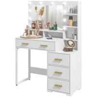 HOMCOM Tocador con espejo y 9 luces LED, 4 cajones y 6 compartimentos abiertos, 100x40x138 cm, Blanco(m-6)