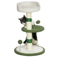 PawHut Árbol Rascador con Cama para Gatos, 2 Pelotas, Plataforma y Palo de Sisal, Ø40x64 cm, Verde y Blanco(m-6)