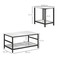HOMCOM Conjunto de mesa de centro, 2 mesas auxiliares, acabado en mármol, patas ajustables, acero, Negro/Blanco(m-3)