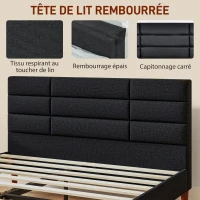 HOMCOM Cadre de lit double 2 personnes avec sommier à lattes et tête de lit capitonnée compatible matelas 140 x 200 cm noir(m-4)