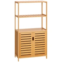 kleankin Mueble de Baño de Bambú, Armario de Baño de Pie, 2 Estantes Abiertos y Doble Puerta de Lamas, Natural(m-6)