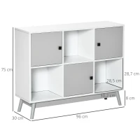 HOMCOM Buffet, meuble de rangement avec 3 portes et 3 compartiments ouverts, pieds en bois de pin, 96x30x75cm, blanc et gris(m-3)