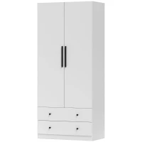 HOMCOM Armario de Dormitorio, 2 Puertas, Área de Colgar, Barra de Colgar, 2 Cajones, Tablero de Partículas, Blanco(m-7)