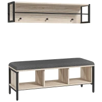 HOMCOM Conjunto de mueble de entrada 2-en-1 banco para zapatos 3 casilleros y perchero de pared 3 ganchos y barra natural y Negro(m-6)
