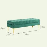 HOMCOM Banco banqueta capitonada para pie de cama estilo clásico 118x45x42 cm base de metal dorado terciopelo Verde(m-3)