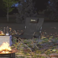 Outsunny Silla de camping plegable sillón de pesca con reposapiés extraíble, apoyacabezas, portavasos, saco de transporte Negro(m-5)