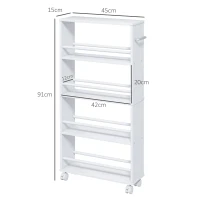 HOMCOM Carrito de almacenamiento de 4 niveles, carretilla con ruedas y asas, carrito estrecho, 45x15x91 cm, Blanco(m-3)